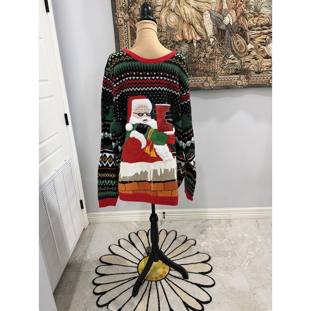 Holiday Time Sweater Mens 2XL Black‎ Green Santa Chimney Ugly Christmas Party